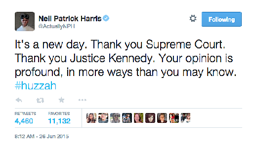 
	
	'Hôm nay là một ngày hoàn toàn mới. Cảm ơn Tòa án tối cao. Cảm ơn thẩm phán Kennedy. Quyết định của ngài có ý nghĩa to lớn và tuyệt vời hơn ngài có thể tưởng tượng đấy'.